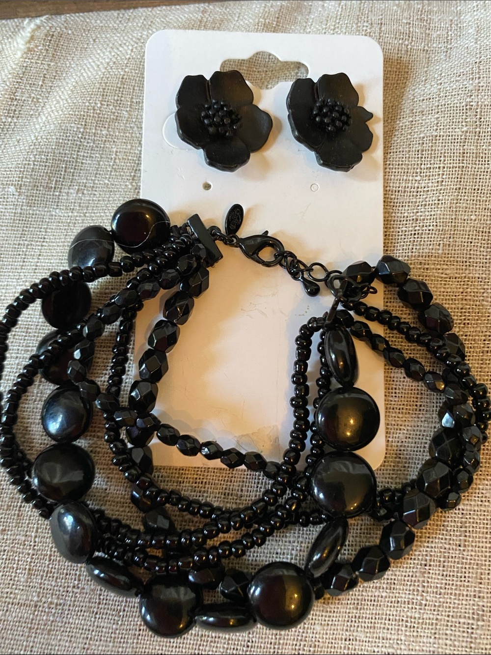 Black Multi-Strand Beaded Bracelet and Flower Stud Earrings - Women Jewelry